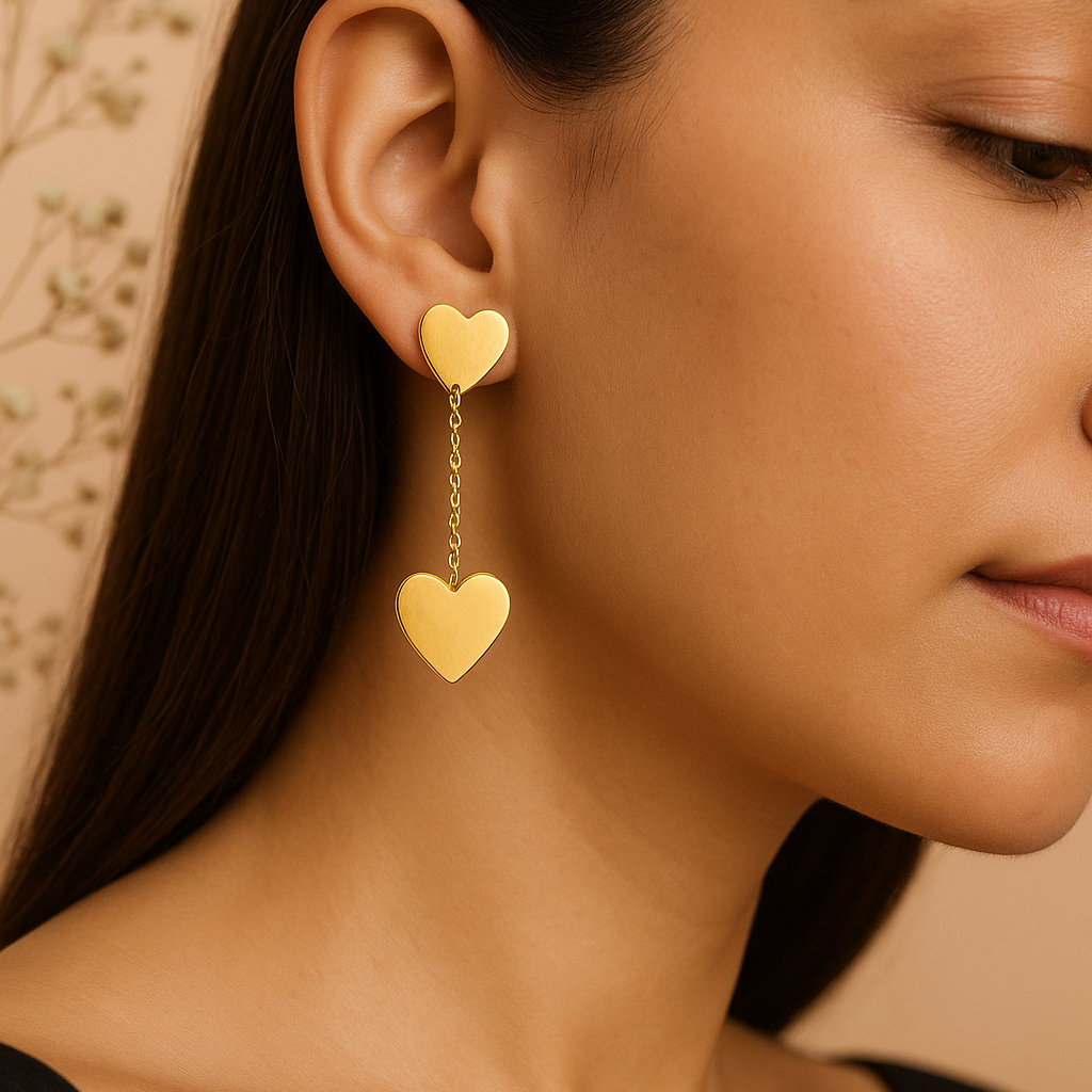 Dainty Gold Heart Chain Drop Earrings