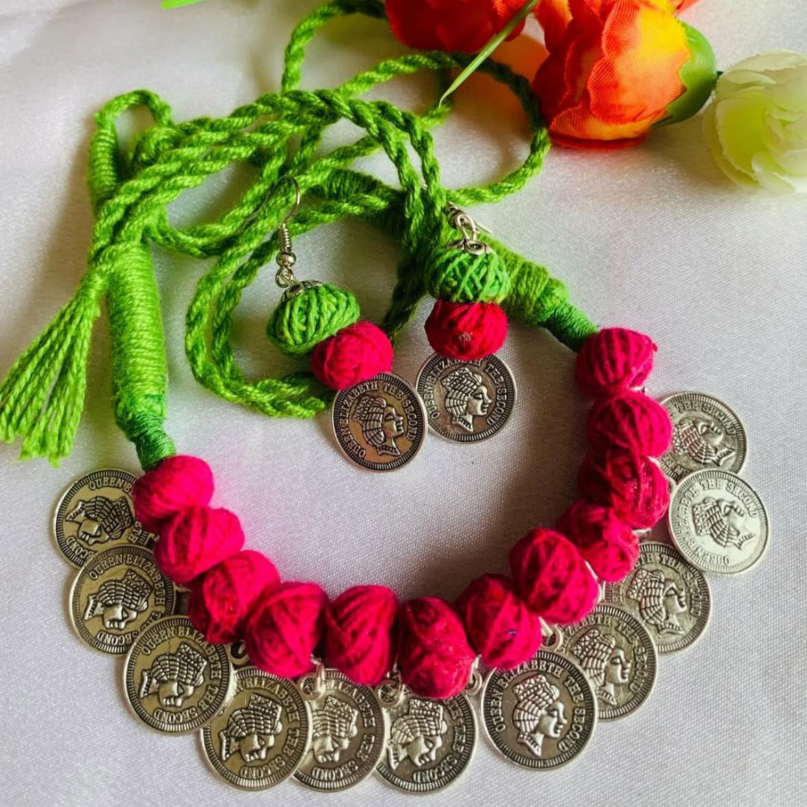 “Gulmohar Royale – Handwoven Green & Pink Coin Necklace Set”