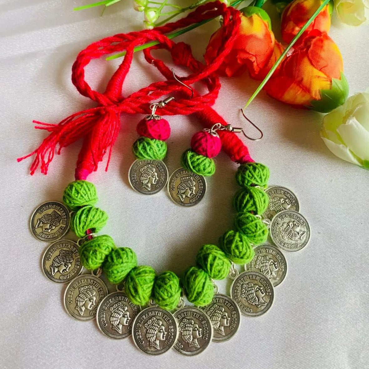 “Mehndi Royale – Handwoven Green & Red Coin Necklace Set”