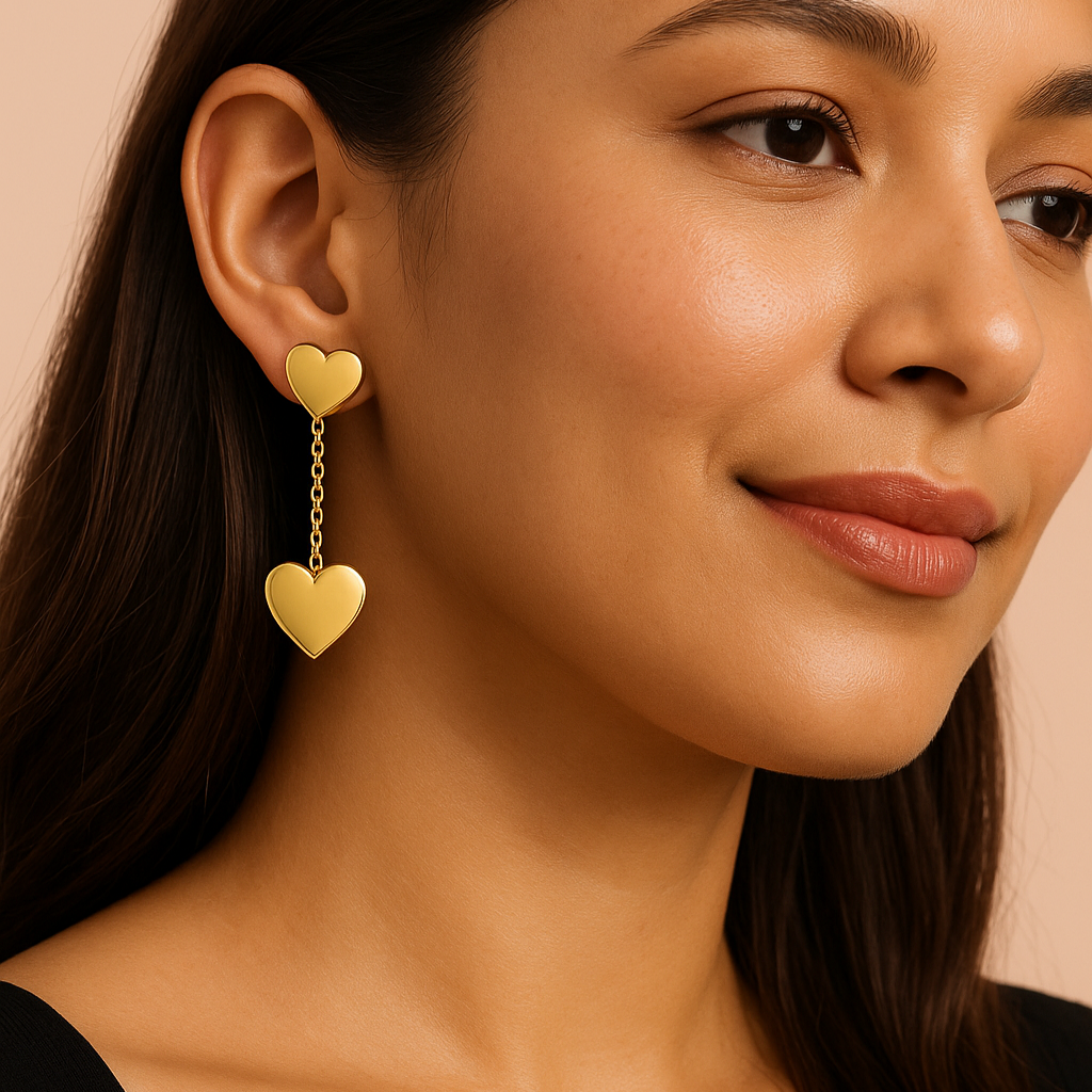 Dainty Gold Heart Chain Drop Earrings